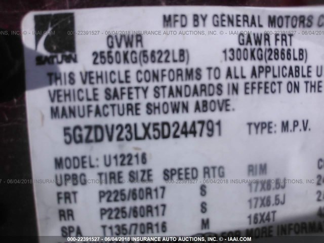 5GZDV23LX5D244791 - 2005 SATURN RELAY 3 BURGUNDY photo 9