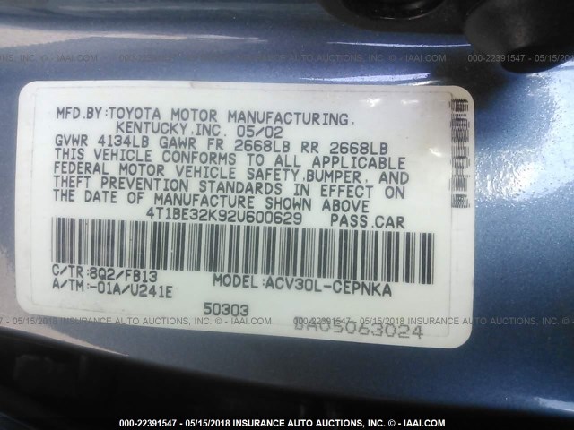 4T1BE32K92U600629 - 2002 TOYOTA CAMRY LE/XLE/SE ლურჯი ფოტო 9