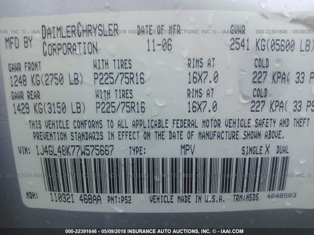 1J4GL48K77W575667 - 2007 JEEP LIBERTY SPORT 银色 照片 9