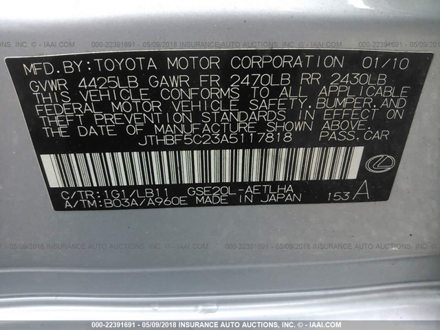 JTHBF5C23A5117818 - 2010 LEXUS IS 250 SILVER photo 9