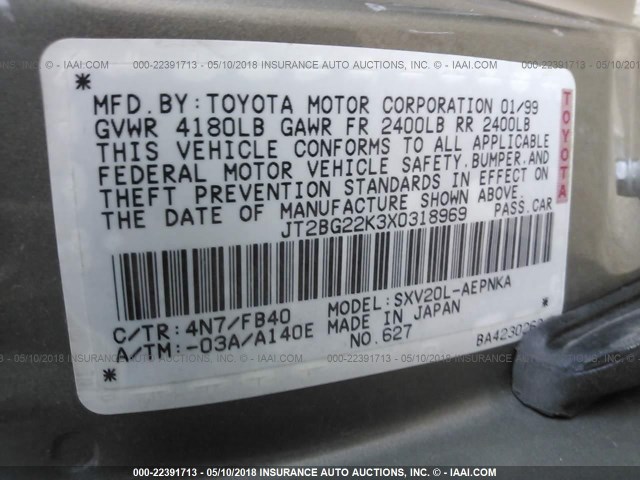 JT2BG22K3X0318969 - 1999 TOYOTA CAMRY LE/XLE ფერფლისფერი ფოტო 9