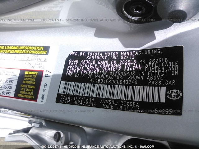 4T1BD1FK0CU013240 - 2012 TOYOTA CAMRY HYBRID/LE/XLE 银色 照片 9