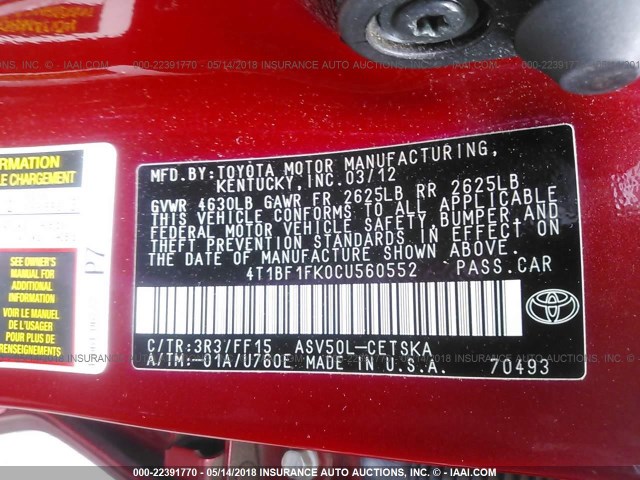 4T1BF1FK0CU560552 - 2012 TOYOTA CAMRY SE/LE/XLE RED photo 9