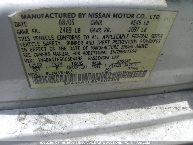 1N4BA41E66C804498 - 2006 NISSAN MAXIMA SE/SL WHITE photo 9