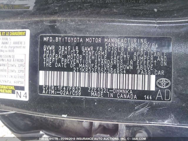 2T1KR32E05C366854 - 2005 TOYOTA COROLLA MATRIX XR BLACK photo 9