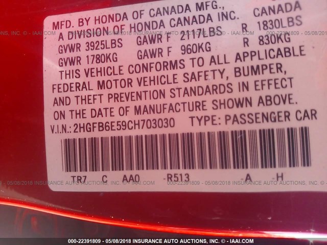 2HGFB6E59CH703030 - 2012 HONDA CIVIC SI RED photo 9