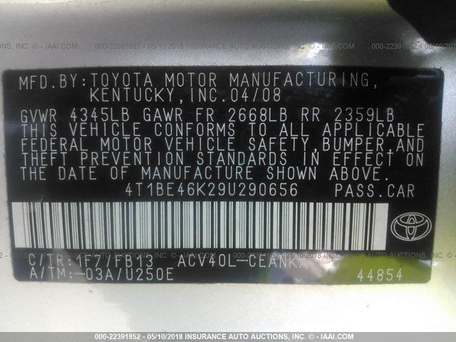 4T1BE46K29U290656 - 2009 TOYOTA CAMRY SE/LE/XLE 银色 照片 9