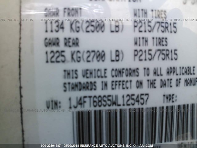 1J4FT68S5WL125457 - 1998 JEEP CHEROKEE SPORT/CLASSIC თეთრი ფოტო 9