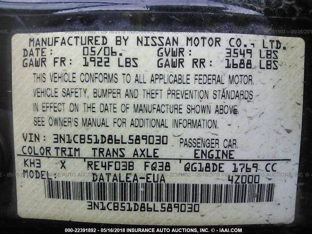 3N1CB51D86L589030 - 2006 NISSAN SENTRA 1.8/1.8S BLACK photo 9