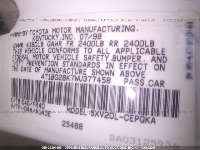 4T1BG28K7WU377458 - 1998 TOYOTA CAMRY CE/LE/XLE 白色 照片 9