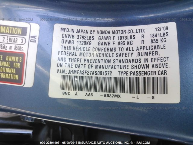 JHMFA3F27AS001572 - 2010 HONDA CIVIC HYBRID BLUE photo 9