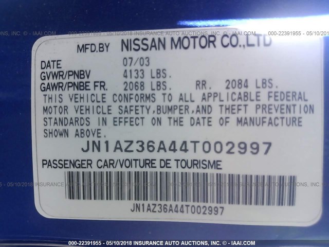 JN1AZ36A44T002997 - 2004 NISSAN 350Z ROADSTER BLUE photo 9