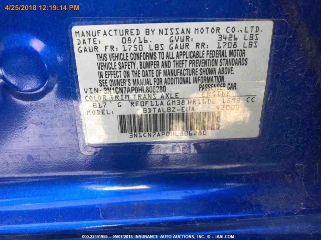 3N1CN7AP0HL806280 - 2017 NISSAN VERSA S/S PLUS/SV/SL BLUE photo 16