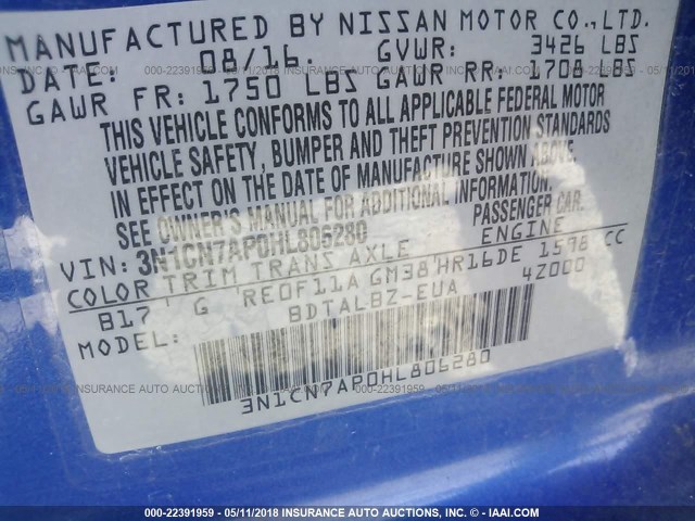 3N1CN7AP0HL806280 - 2017 NISSAN VERSA S/S PLUS/SV/SL BLUE photo 9