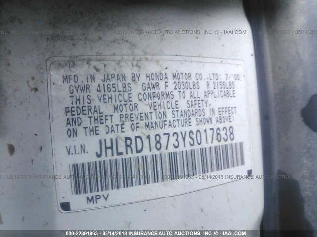 JHLRD1873YS017638 - 2000 HONDA CR-V SE/EX WHITE photo 9