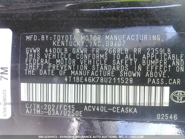 4T1BE46K78U211528 - 2008 TOYOTA CAMRY CE/LE/XLE/SE BLACK photo 9