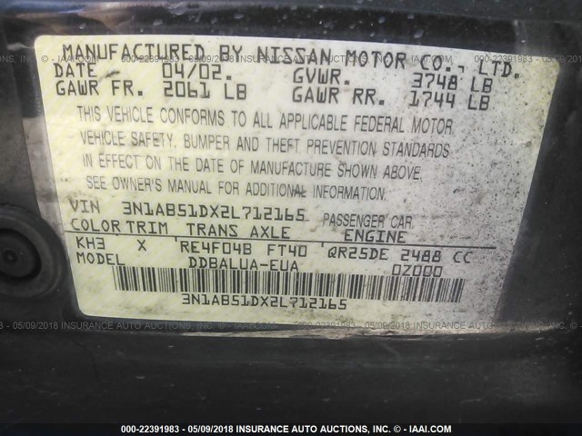 3N1AB51DX2L712165 - 2002 NISSAN SENTRA SE-R SPEC V BLACK photo 9