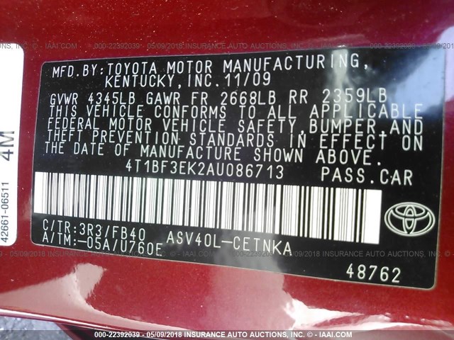 4T1BF3EK2AU086713 - 2010 TOYOTA CAMRY SE/LE/XLE RED photo 9