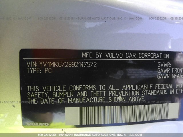 YV1MK672892147572 - 2009 VOLVO C30 T5 SILVER photo 9