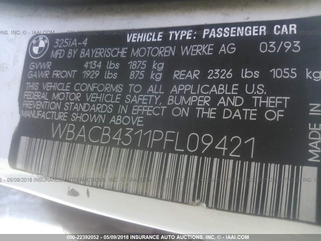 WBACB4311PFL09421 - 1993 BMW 325 I AUTOMATIC WHITE photo 9