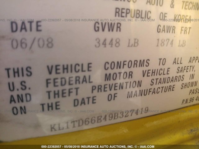 KL1TD66E49B327419 - 2009 CHEVROLET AVEO LS/LT YELLOW photo 9