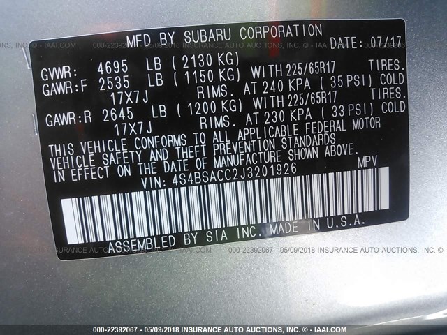 4S4BSACC2J3201926 - 2018 SUBARU OUTBACK 2.5I PREMIUM SILVER photo 9