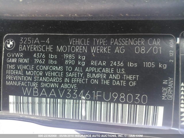 WBAAV33461FU98030 - 2001 BMW 325 I BLACK photo 9