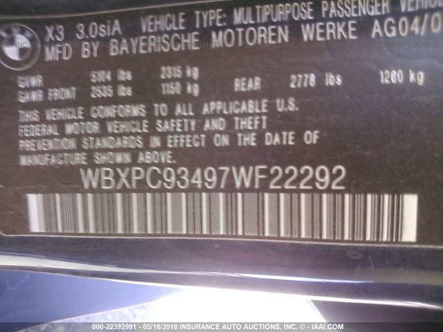 WBXPC93497WF22292 - 2007 BMW X3 3.0SI BLUE photo 9