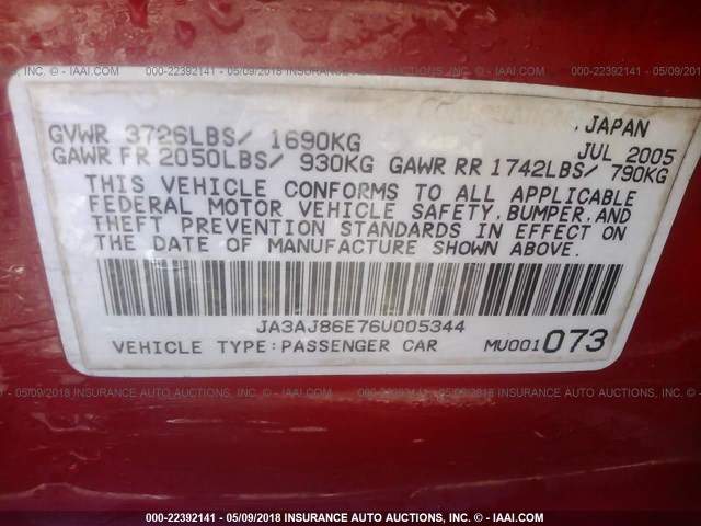 JA3AJ86E76U005344 - 2006 MITSUBISHI LANCER OZ RALLY RED photo 9