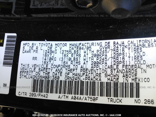 3TMLU42N35M001360 - 2005 TOYOTA TACOMA DOUBLE CAB შავი ფოტო 9