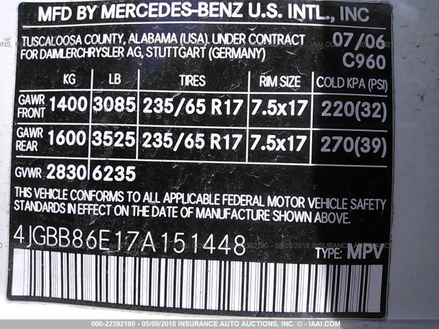 4JGBB86E17A151448 - 2007 MERCEDES-BENZ ML 350 WHITE photo 9