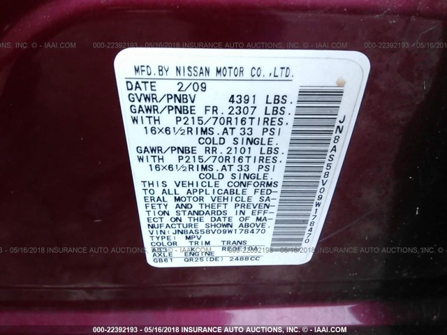 JN8AS58V09W178470 - 2009 NISSAN ROGUE S/SL RED photo 9