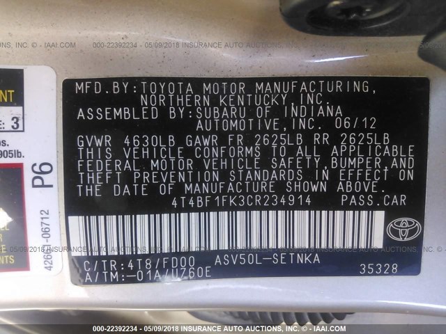 4T4BF1FK3CR234914 - 2012 TOYOTA CAMRY SE/LE/XLE ოქროსფერი ფოტო 9