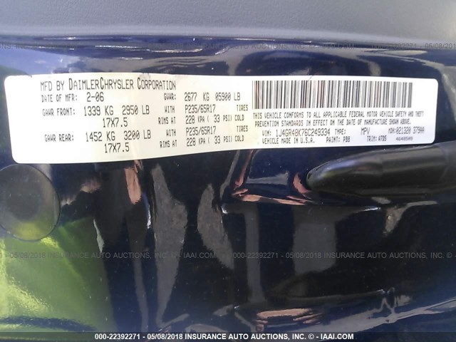 1J4GR48K76C249334 - 2006 JEEP GRAND CHEROKEE LAREDO/COLUMBIA/FREEDOM 蓝色 照片 9