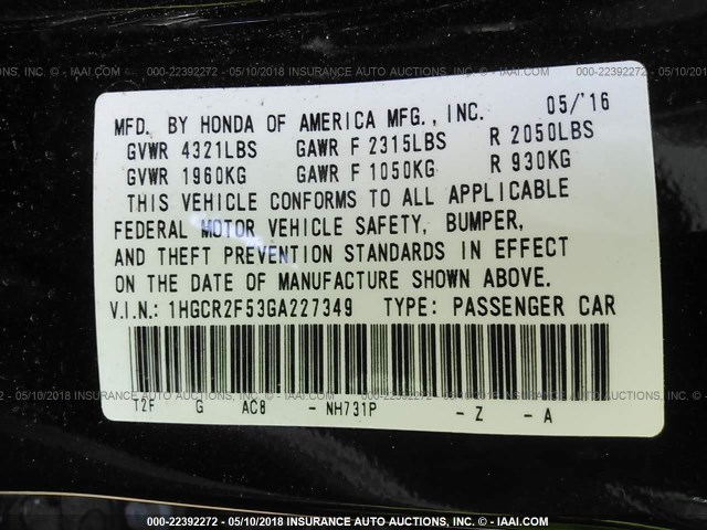 1HGCR2F53GA227349 - 2016 HONDA ACCORD SPORT Қара фото 9