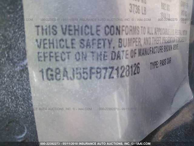 1G8AJ55F87Z128126 - 2007 SATURN ION LEVEL 2 WHITE photo 9