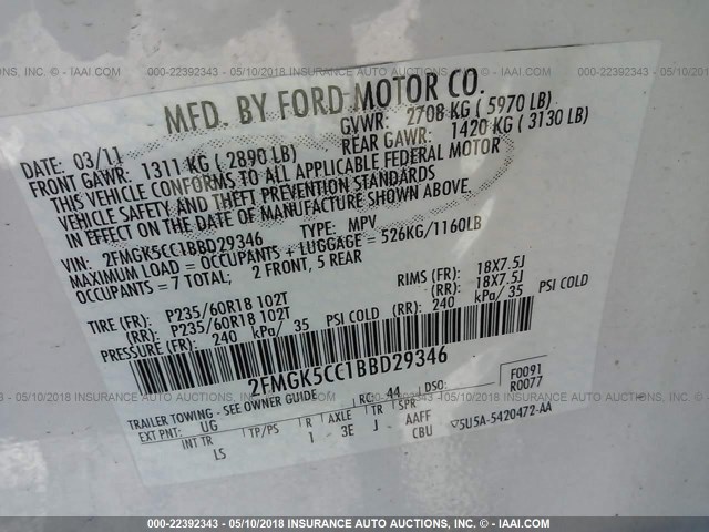 2FMGK5CC1BBD29346 - 2011 FORD FLEX SEL თეთრი ფოტო 9