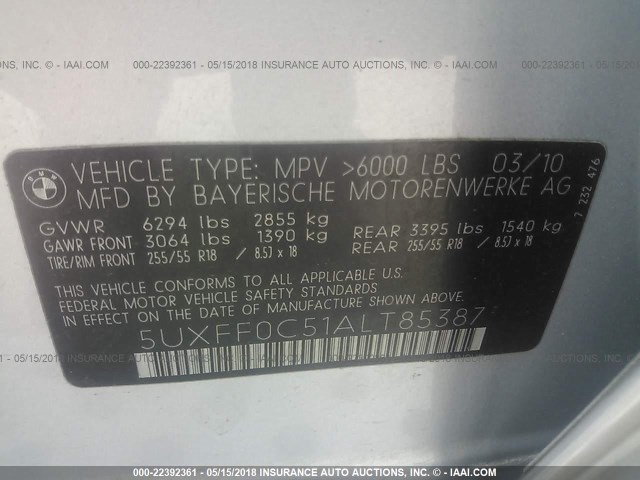 5UXFF0C51ALT85387 - 2010 BMW X5 XDRIVE35D SILVER photo 9