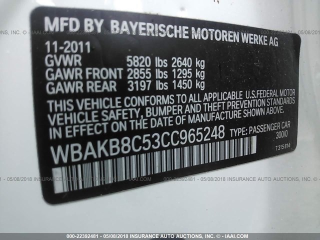WBAKB8C53CC965248 - 2012 BMW 750 LI WHITE photo 9