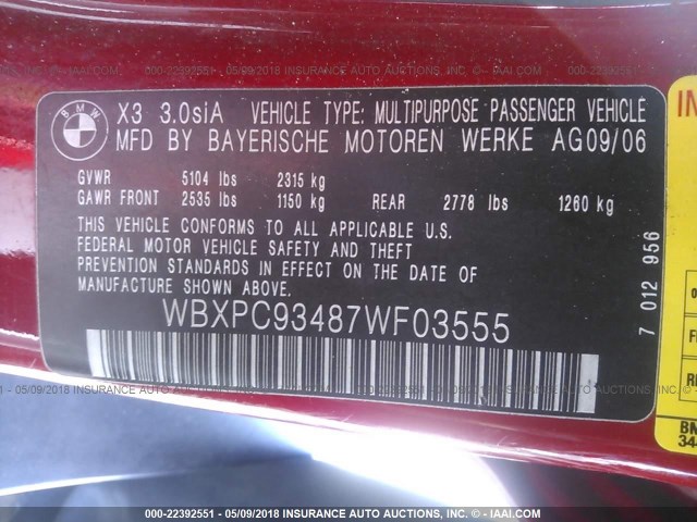 WBXPC93487WF03555 - 2007 BMW X3 3.0SI RED photo 9