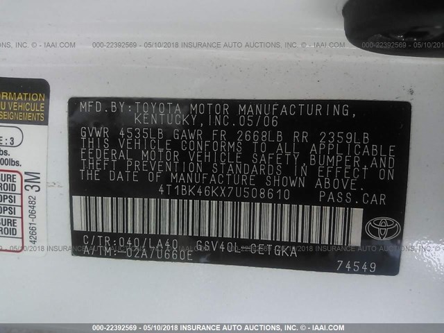 4T1BK46KX7U508610 - 2007 TOYOTA CAMRY NEW GENERAT LE/XLE/SE WHITE photo 9