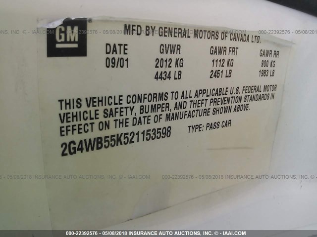 2G4WB55K521153598 - 2002 BUICK REGAL LS 白色 照片 9