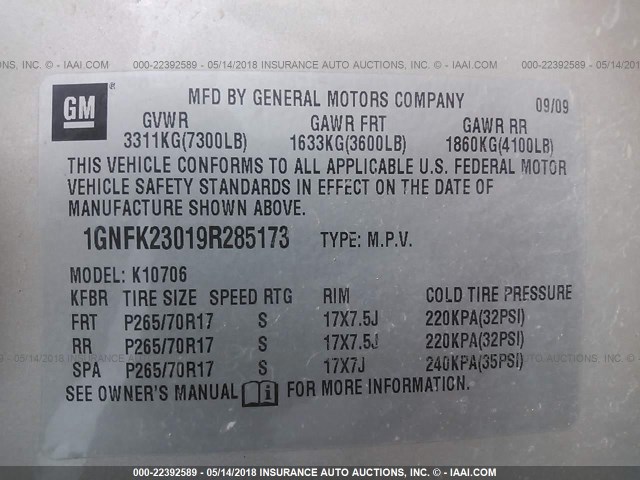 1GNFK23019R285173 - 2009 CHEVROLET TAHOE K1500 LT SILVER photo 9