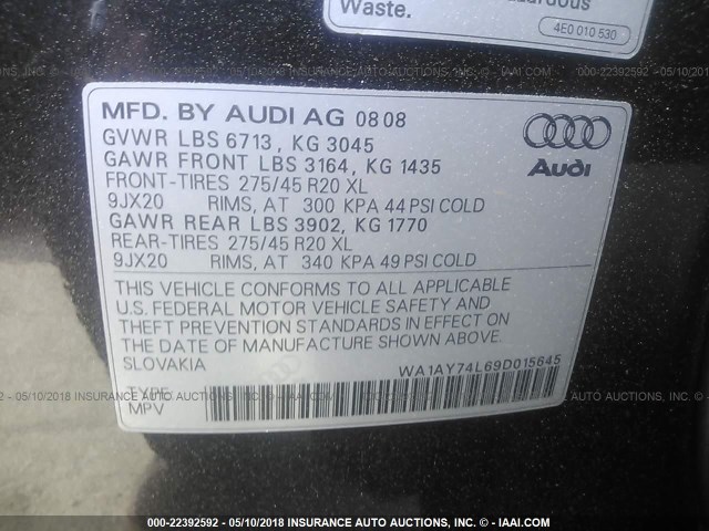 WA1AY74L69D015645 - 2009 AUDI Q7 3.6 QUATTRO GRAY photo 9