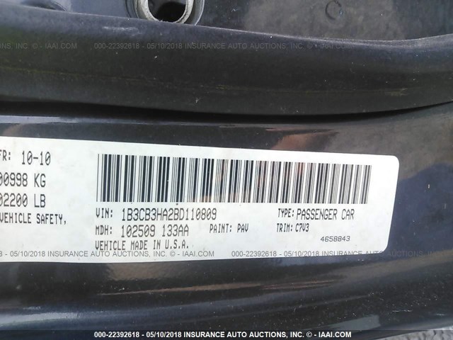 1B3CB3HA2BD110809 - 2011 DODGE CALIBER MAINSTREET BLACK photo 9