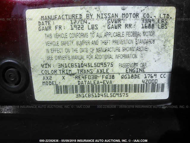 3N1CB51D45L509575 - 2005 NISSAN SENTRA 1.8/1.8S BURGUNDY photo 9