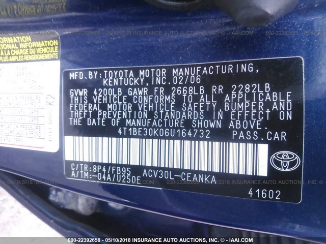 4T1BE30K06U164732 - 2006 TOYOTA CAMRY LE/XLE/SE BLUE photo 9