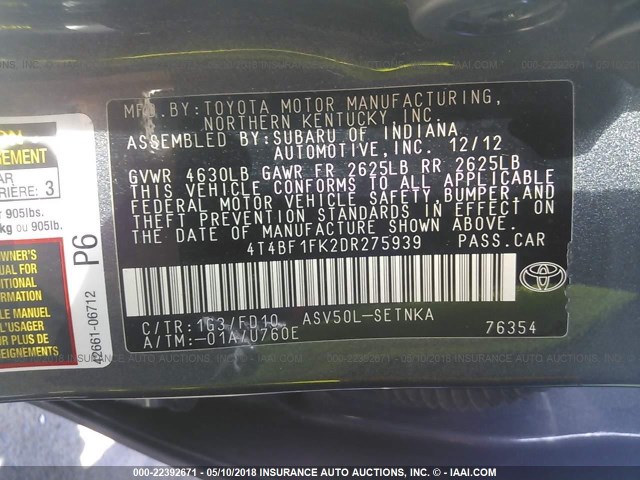 4T4BF1FK2DR275939 - 2013 TOYOTA CAMRY L/SE/LE/XLE GRAY photo 9