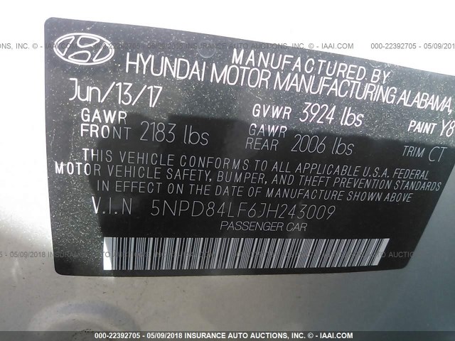 5NPD84LF6JH243009 - 2018 HYUNDAI ELANTRA SEL/VALUE/LIMITED GRAY photo 9