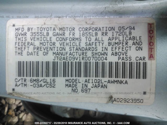 JT2AE09V1R0070004 - 1994 TOYOTA COROLLA DX BLUE photo 9